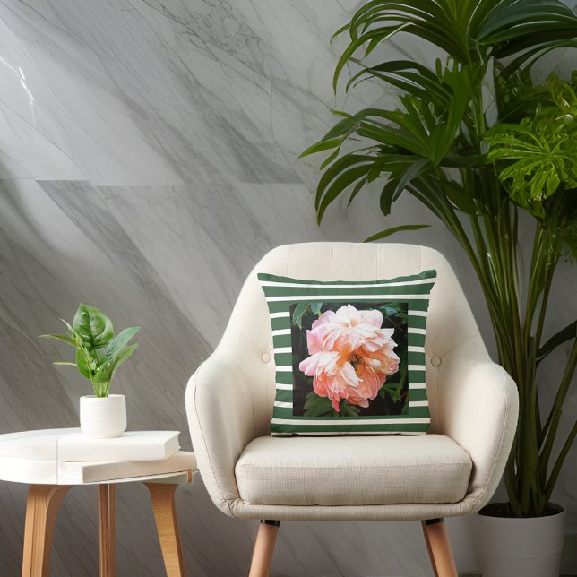 Romantic Spring Peony on Summery Green Stripes Throw Pillow (Creator Uploaded)