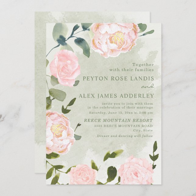Romantic Springtime Blush Pink Floral Wedding Invitation (Front/Back)