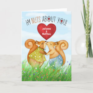 Romantic Squirrels Nuts About You with Names Holiday Card