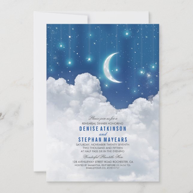 Romantic Stars and Moon Rehearsal Dinner Invitation (Front)