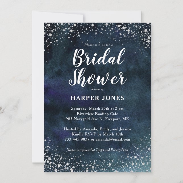 Romantic Stars Navy Blue Silver Bridal Shower Invitation (Front)