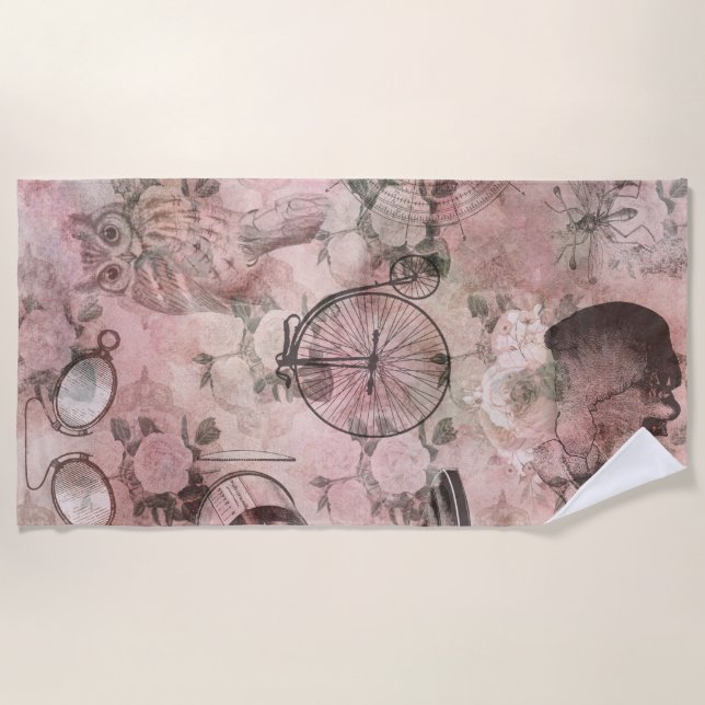 Romantic Steampunk | Antique Vintage Ephemera Beach Towel (Front)