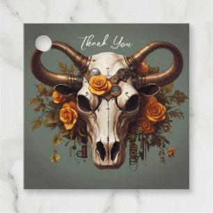 Romantic Steampunk Floral Cow Skull Wedding Favour Tags