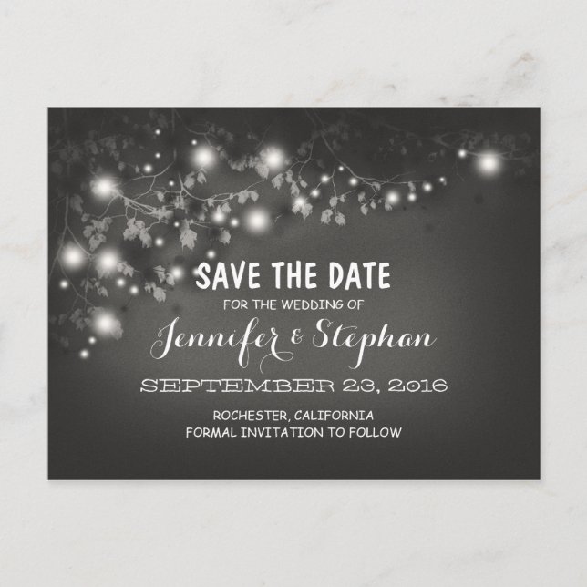 romantic string lights black & white save the date announcement postcard (Front)