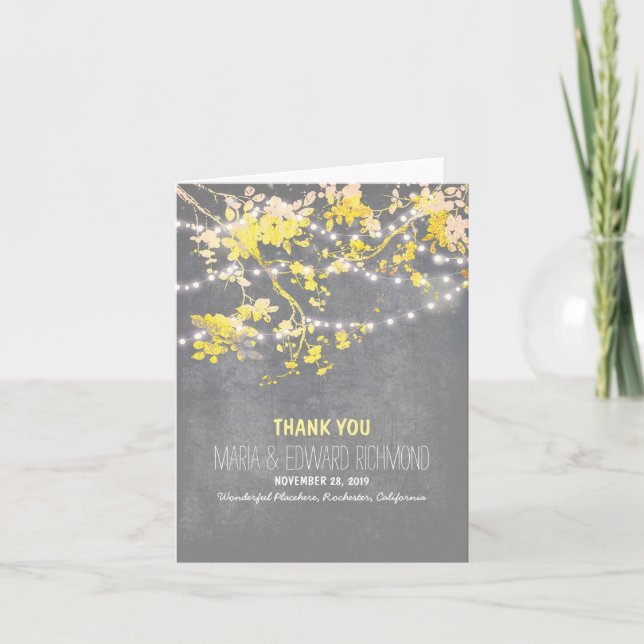 Romantic string lights branches wedding thank you card (Front)