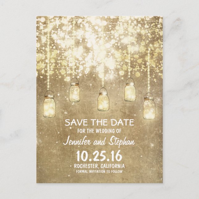 romantic string lights mason jars save the date announcement postcard (Front)