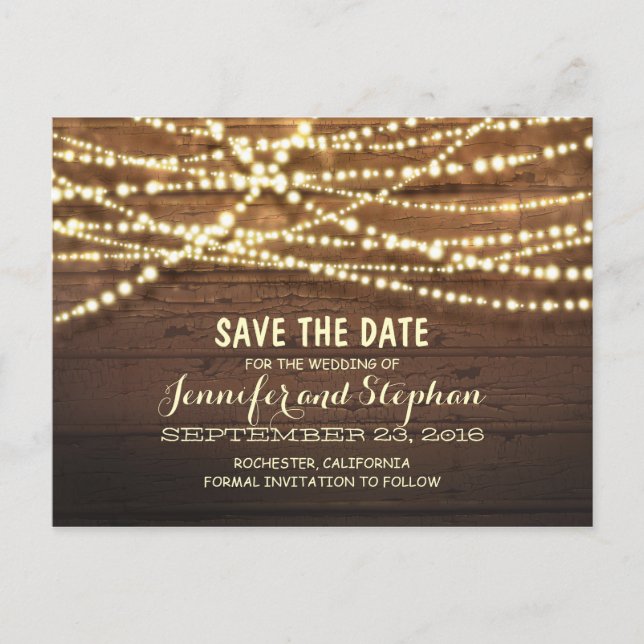 Romantic string lights rustic wood save the date announcement postcard (Front)