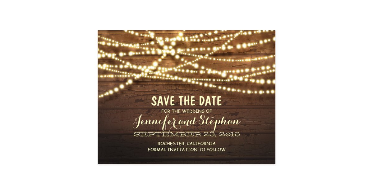 Romantic string lights rustic wood save the date postcard Zazzle