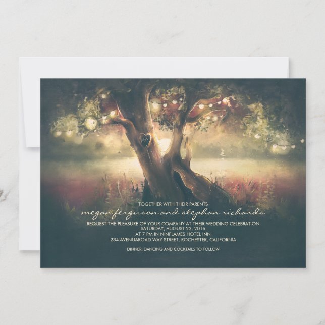 Romantic String Lights Tree - Carved Heart Wedding Invitation (Front)