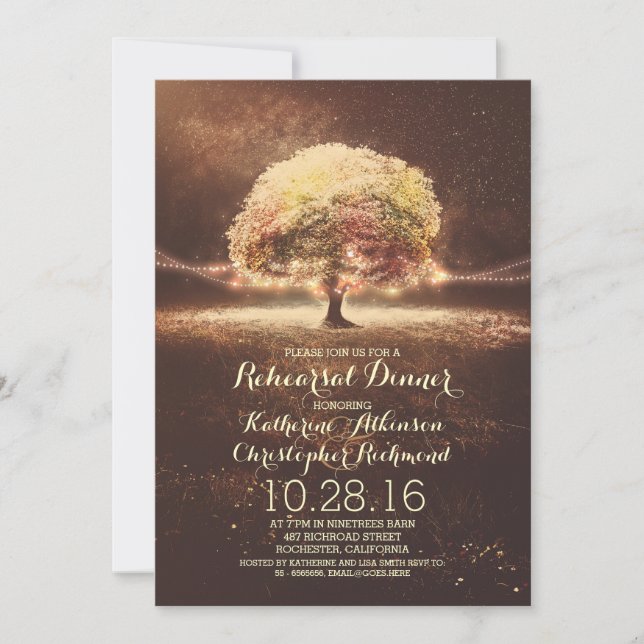 romantic string lights tree fall rehearsal dinner invitation (Front)