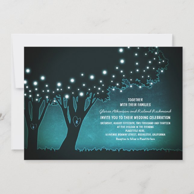 Romantic string lights trees rustic wedding invite (Front)