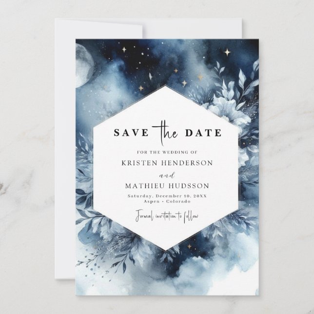 Romantic Stylish Moonlit Wedding Save The Date (Front)