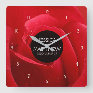 Romantic Stylish Red Rose Floral Wedding Square Wall Clock