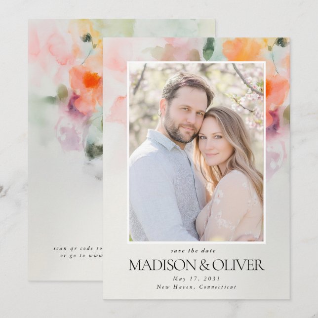Romantic Summer Flowers QR Code Photo Wedding Save The Date (Front/Back)