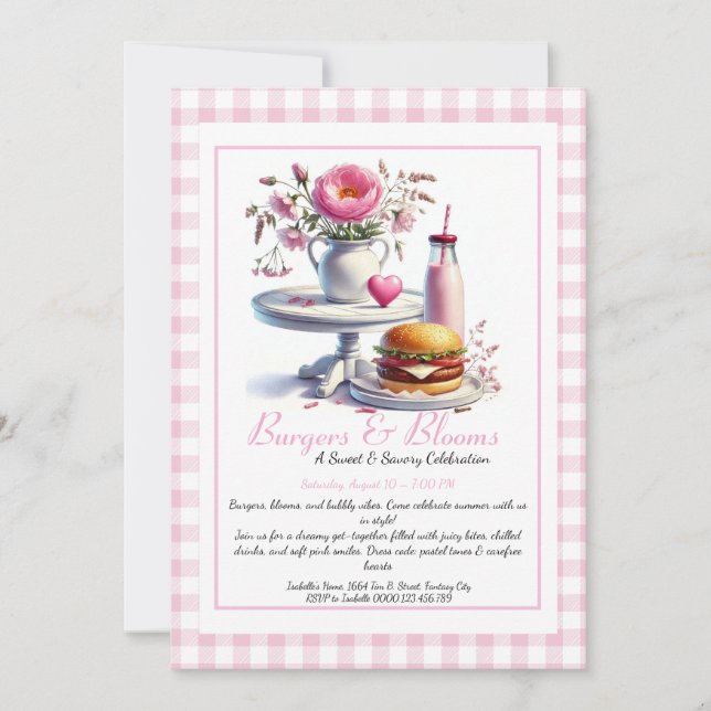 Romantic Summer Party Watercolor Burger & Pink  Invitation (Front)
