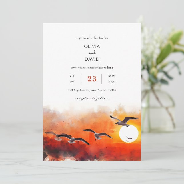 Romantic Summer Seagull Horizon Art Beach Wedding  Invitation (Standing Front)