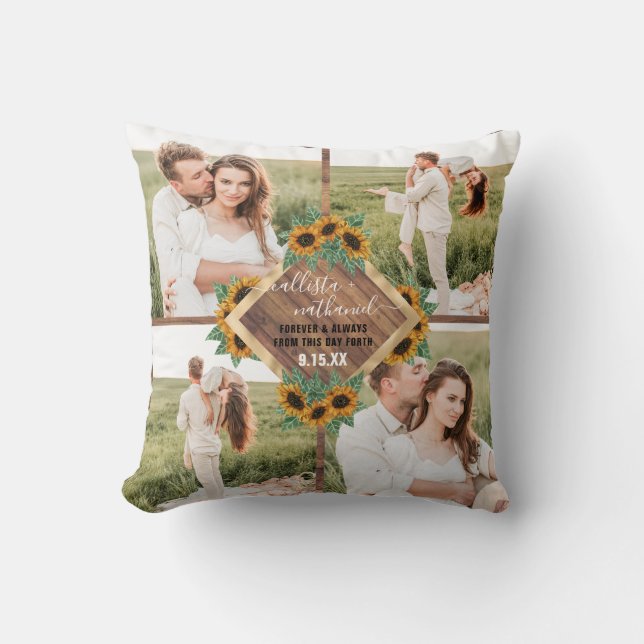 Romantic Sunflower Gold White Couple Photo Collage Throw Pillow (Front)