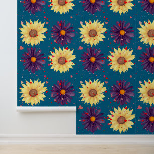 Romantic Sunflower Hearts Teal Textured Vinyl Wallpaper