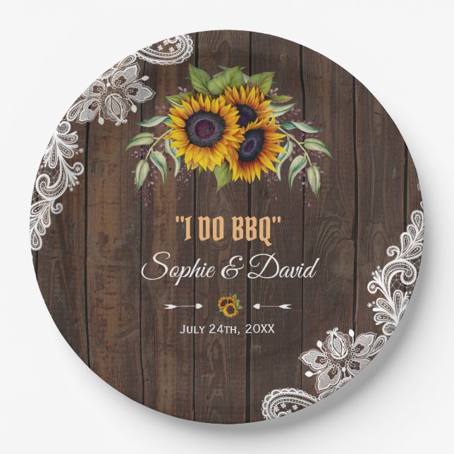 Romantic Sunflowers Bouquet Wood I DO BBQ Paper Plate (Front)