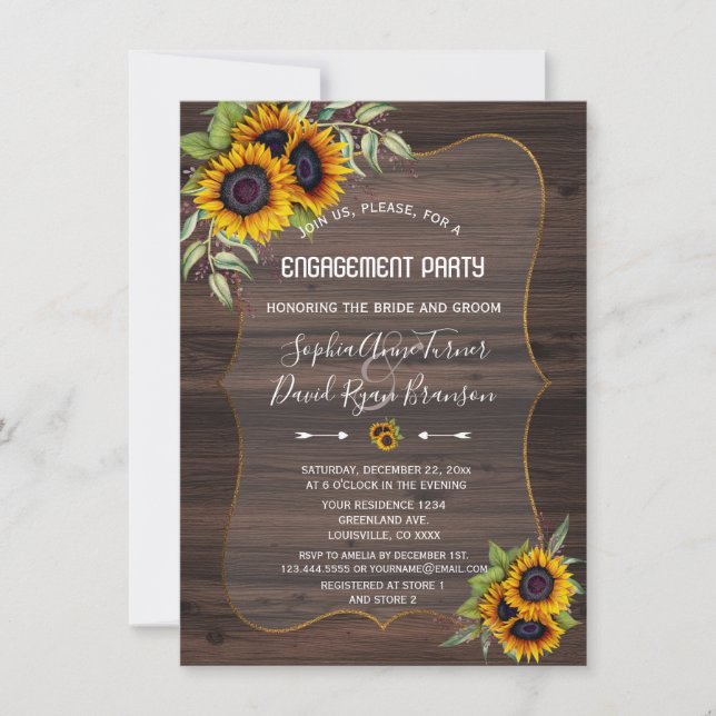 Romantic Sunflowers Wood Engagement Party Invitation (Front)