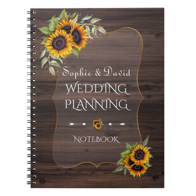 Romantic Sunflowers Wood Wedding Planner Notebook (Front)