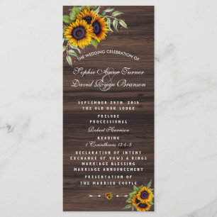 Romantic Sunflowers Wood Wedding Program