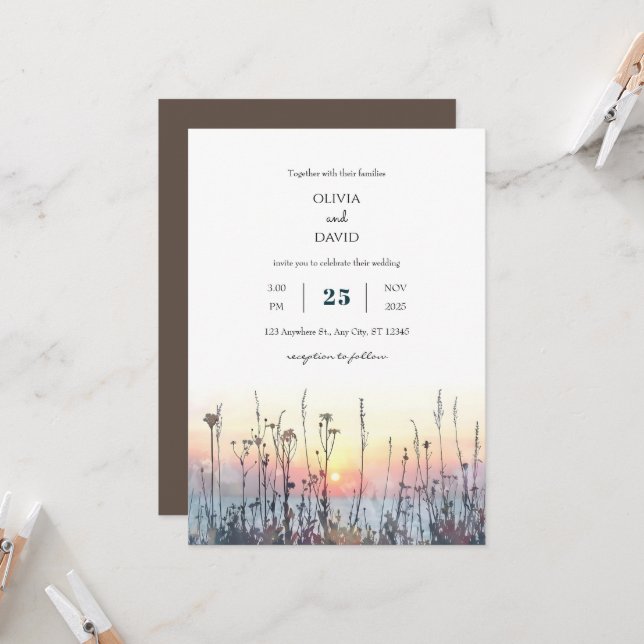  Romantic Sunset Coastal Meadow Art Beach wedding  Invitation (Front/Back In Situ)