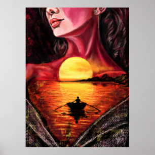 Romantic Sunset Girl Poster Print - Painting Art