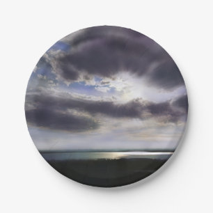 Romantic sunset over the lake paper plate