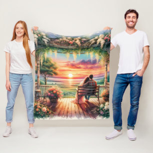 Romantic Sunset Porch View Illustration Fleece Blanket