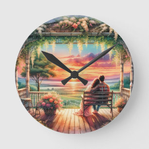 Romantic Sunset Porch View Illustration Round Clock