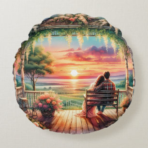Romantic Sunset Porch View Illustration Round Pillow