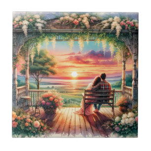 Romantic Sunset Porch View Illustration Tile