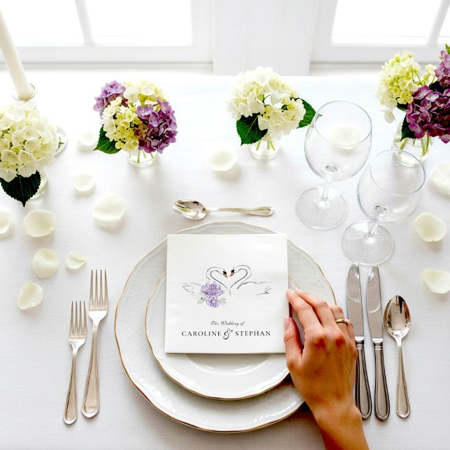 Romantic Swan Couple Floral Wedding Reception Napkin (Creator Uploaded)