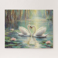 Romantic Swan Couple in Lily Pond Fine Art