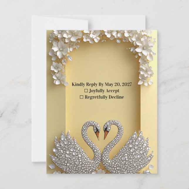 🌺Romantic Swan Frame Crystal Accent 💐 RSVP Card (Front)