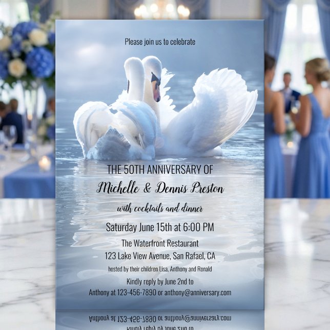 Romantic Swan Lake Anniversary Party Invitation (Wedding anniversary invitation featuring two swans in love on a hazy sunlit lake)