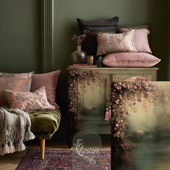 Romantic Swan Lake Ethereal Hanging Floral Tissue Paper (Romantic Swan Lake, Vintage Swan and Ethereal Floral, Muted green & Mauve Plum, Decoupage.)