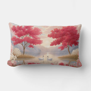 Romantic Swan Lake Pink Blossom Trees Elegant Lumbar Pillow