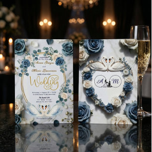 Romantic Swan Lake Watercolor Blue Floral Wedding Invitation