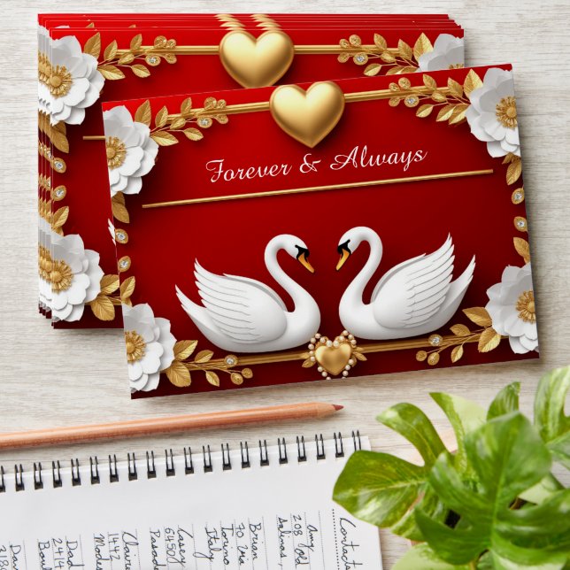 🌹 Romantic Swan Red Gold Pearl Wedding Decor 💖 Envelope (Stacked)
