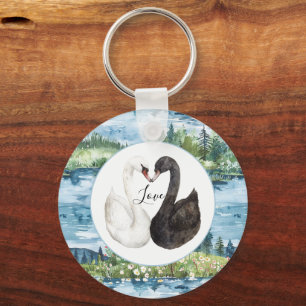 Romantic Swans Blue Lake Water Lilies Keychain