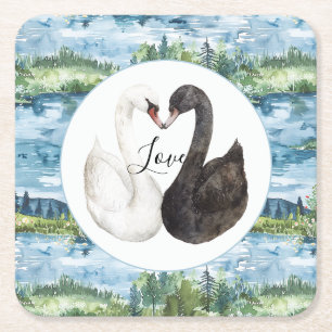 Romantic Swans Blue Lake Water Lilies Square Paper Coaster