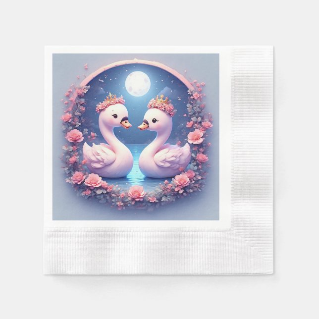 Romantic Swans Decorated in Flowers Napkin (Front)