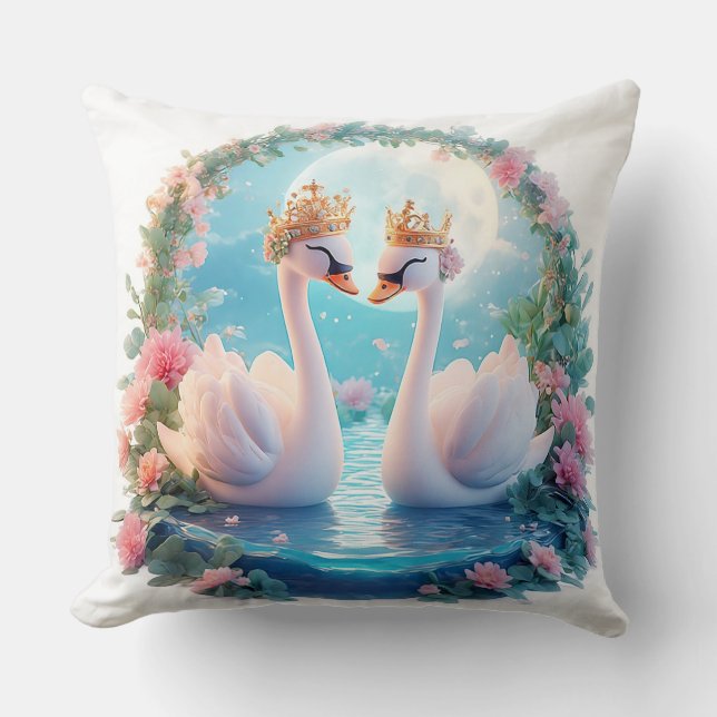 Romantic Swans Decorated in Flowers Throw Pillow (Front)