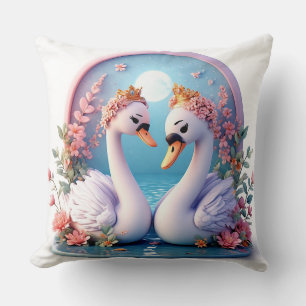 Romantic Swans Decorated in Flowers Throw Pillow