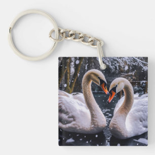 Romantic Swans in a Winter Wonderland Keychain
