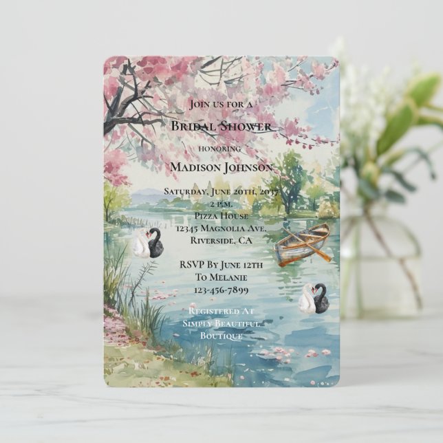 Romantic Swans Lake Bridal Shower Invitation (Standing Front)