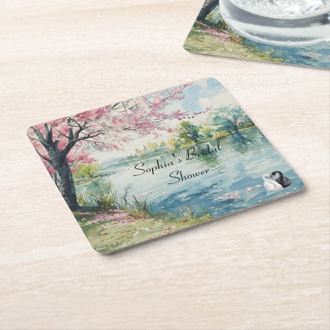 Romantic Swans Lake Bridal Shower   Square Paper Coaster (Angled)