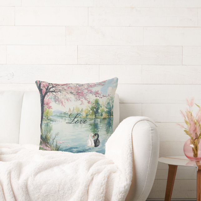 Romantic Swans Lake Love Throw Pillow (Couch)